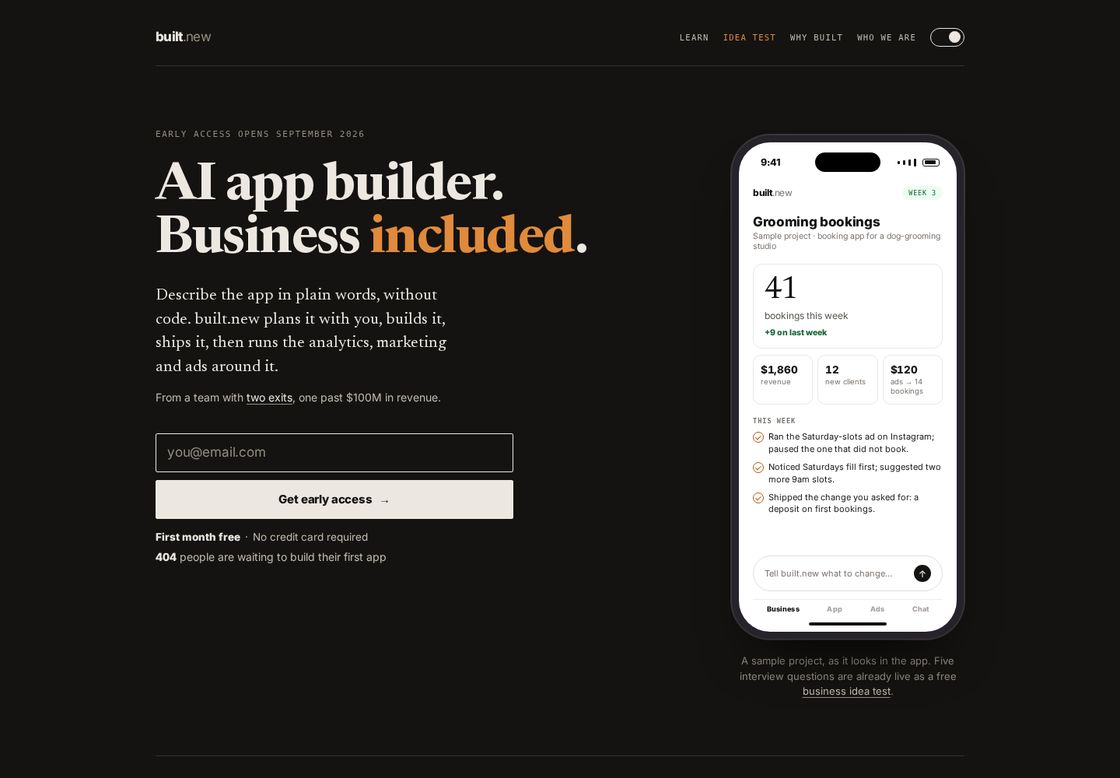 Built.new homepage, first screen