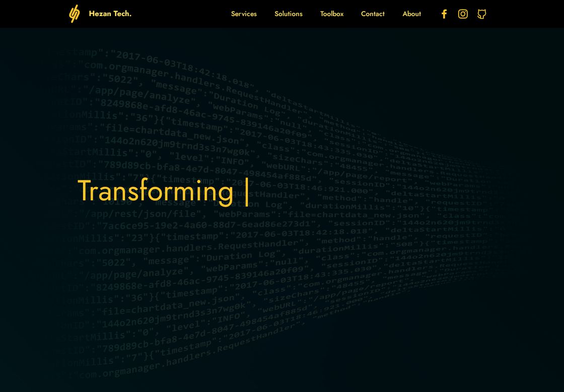 Hezan Tech homepage, first screen
