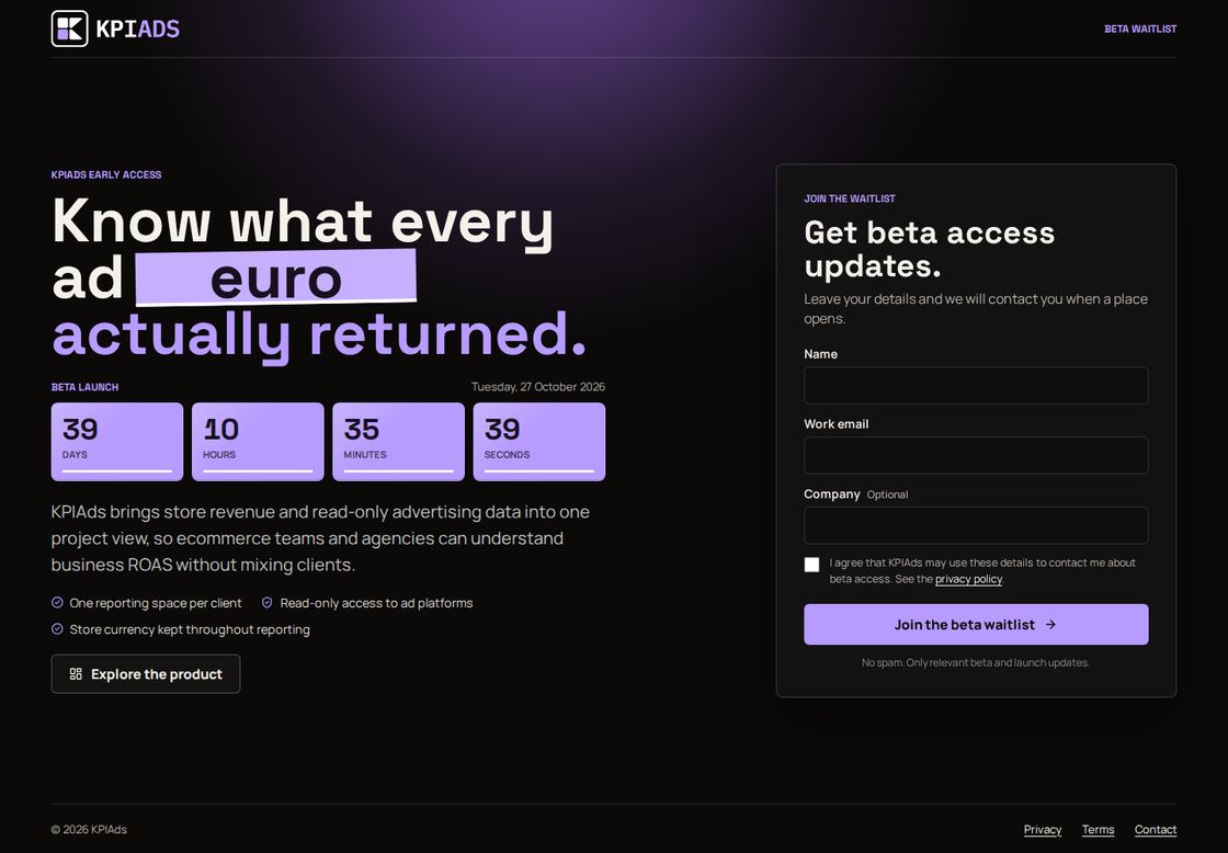KPIAds homepage, first screen