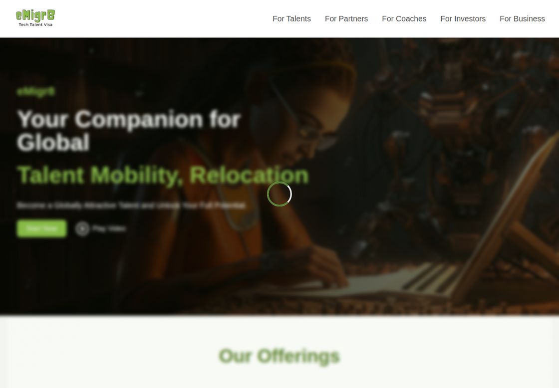 eMigr8 homepage, first screen