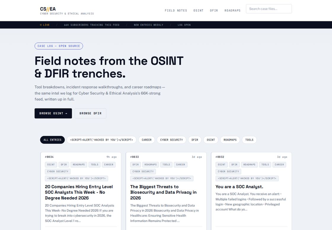 Cybersecurity Ethical homepage, first screen