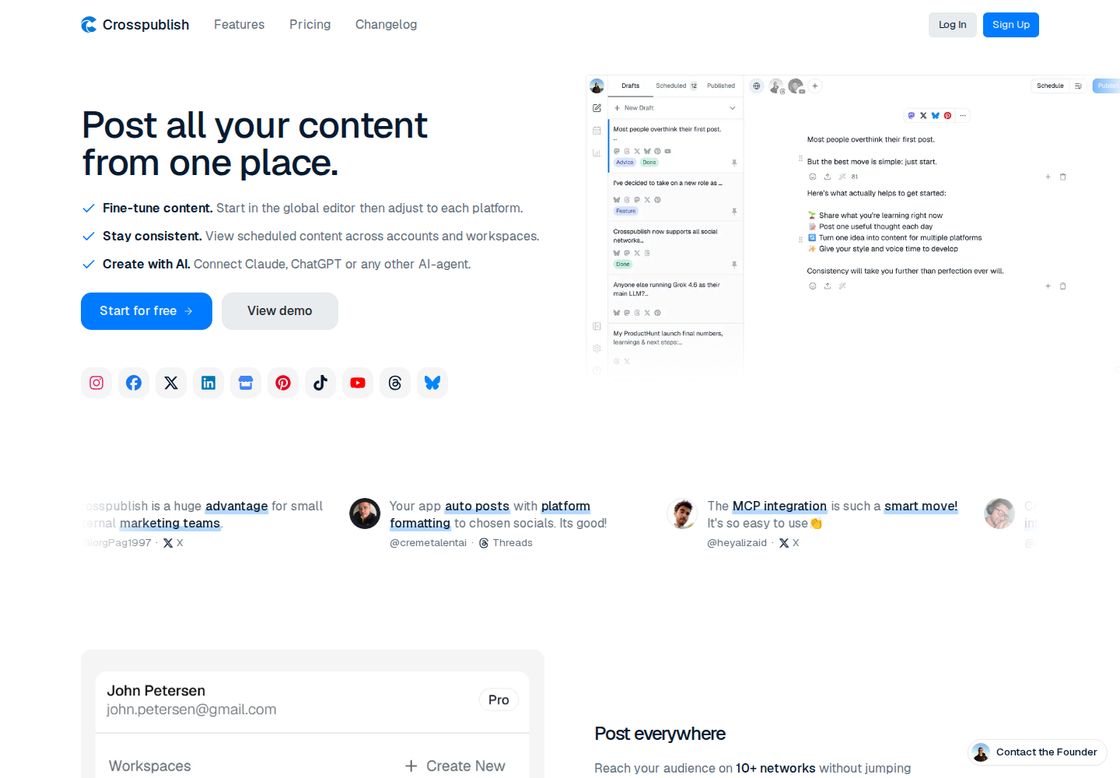 Crosspublish homepage, first screen
