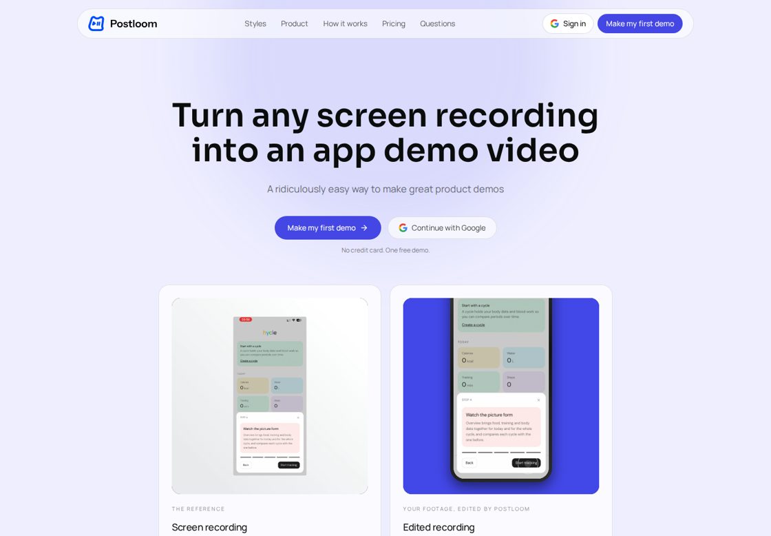 Postloom homepage, first screen