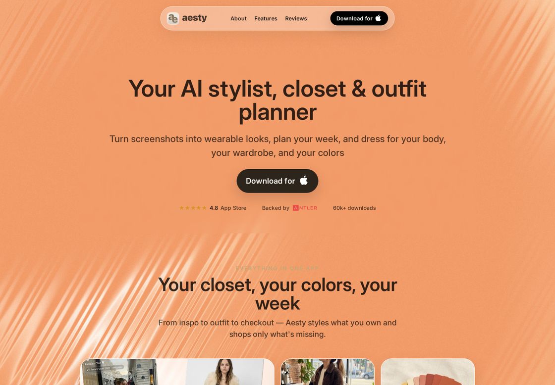 Aesty homepage, first screen
