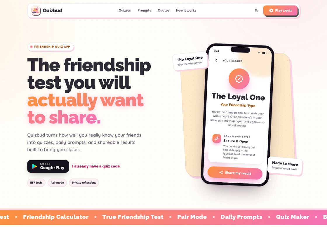 Quizbud homepage, first screen
