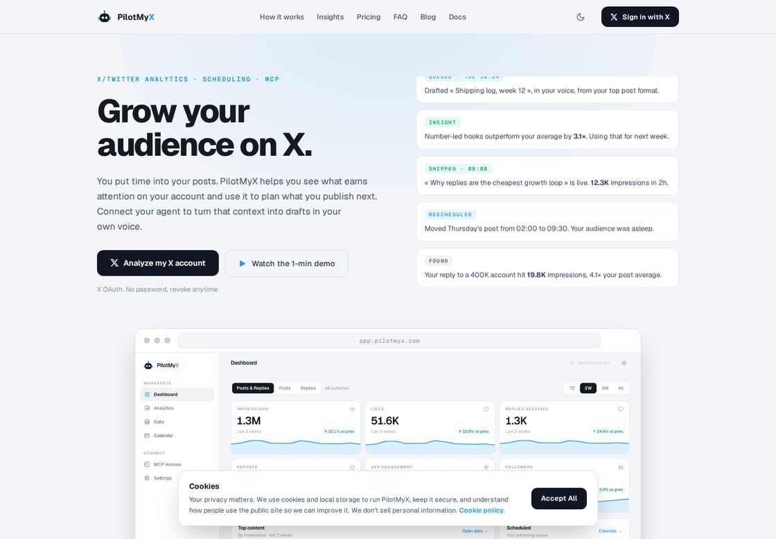 PilotMyX homepage, first screen
