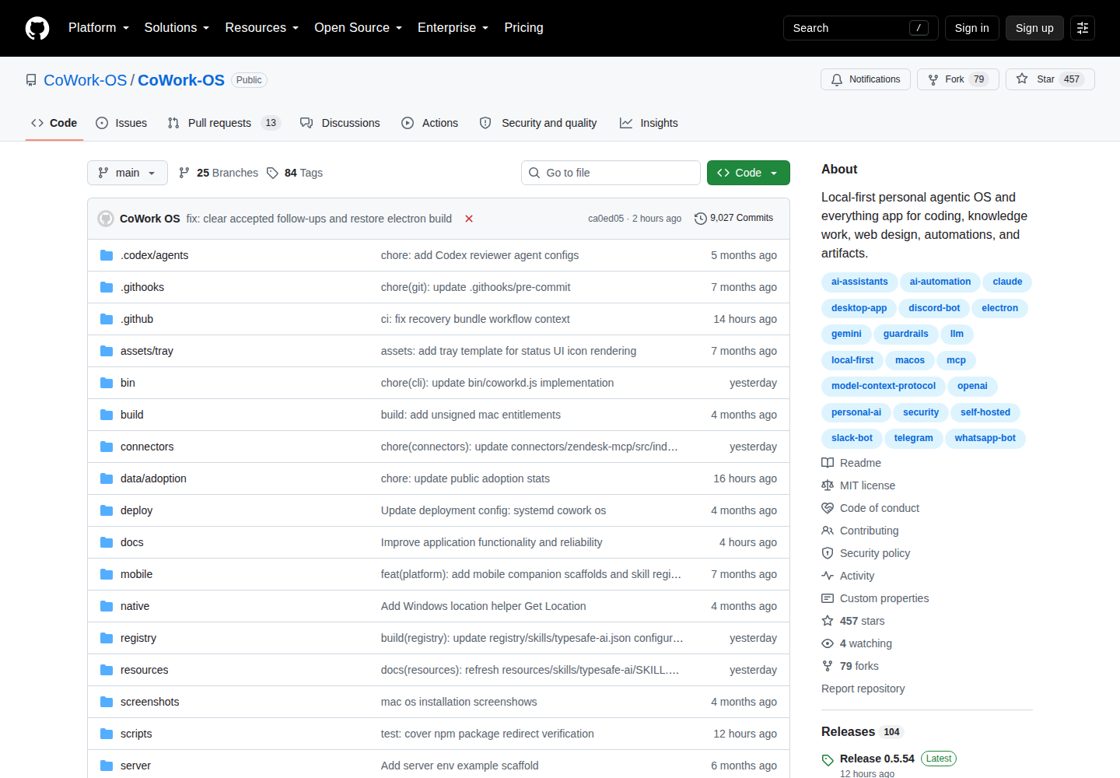 CoWork OS homepage, first screen