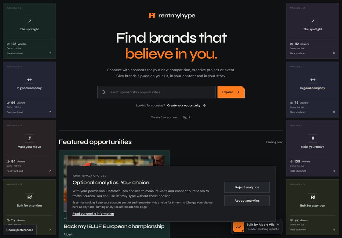 RentMyHype homepage, first screen