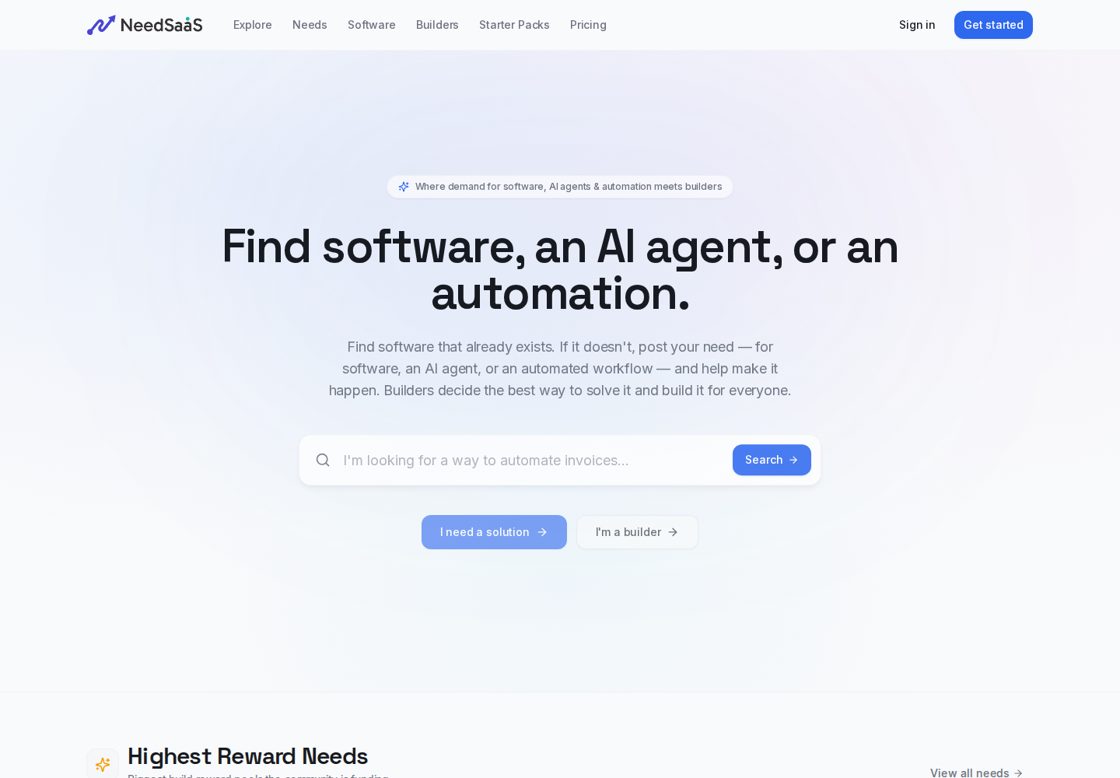 NeedSaaS homepage, first screen