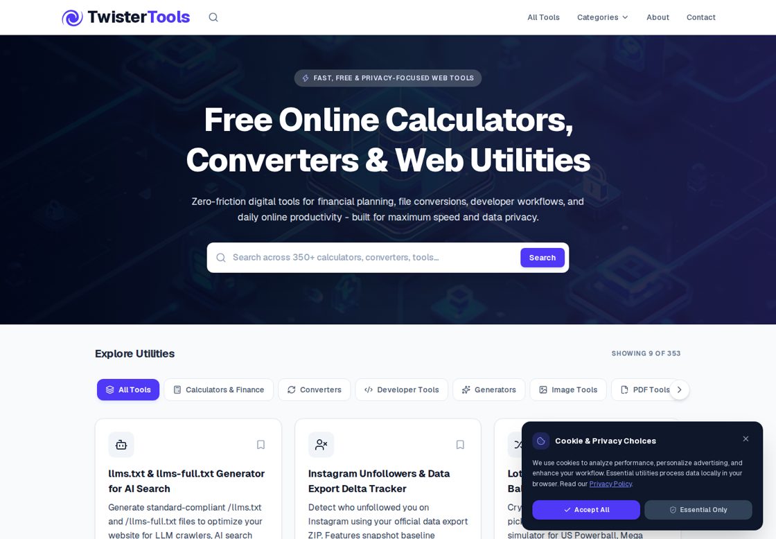 TwisterTools homepage, first screen