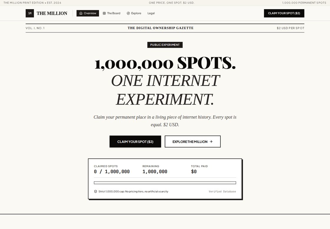 THE MILLION homepage, first screen