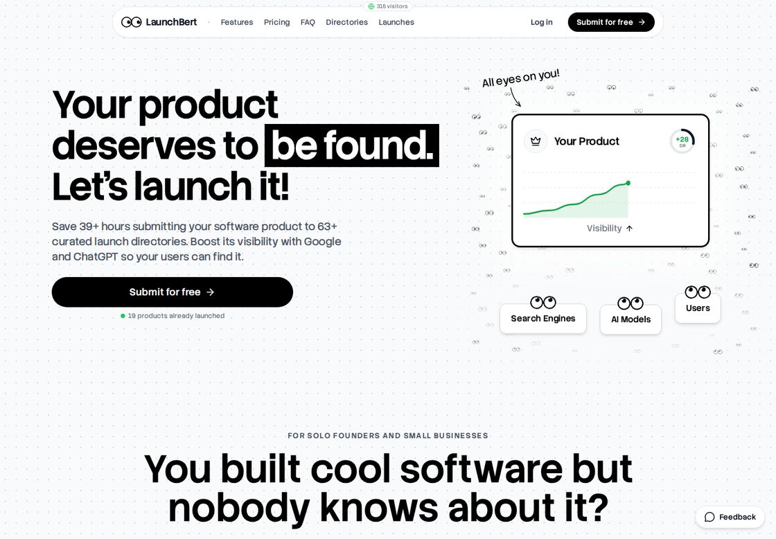LaunchBert homepage, first screen