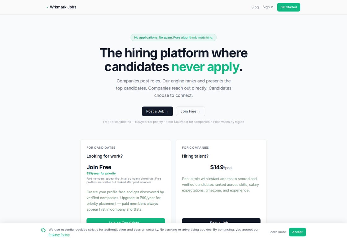 Wrkmark Jobs homepage, first screen