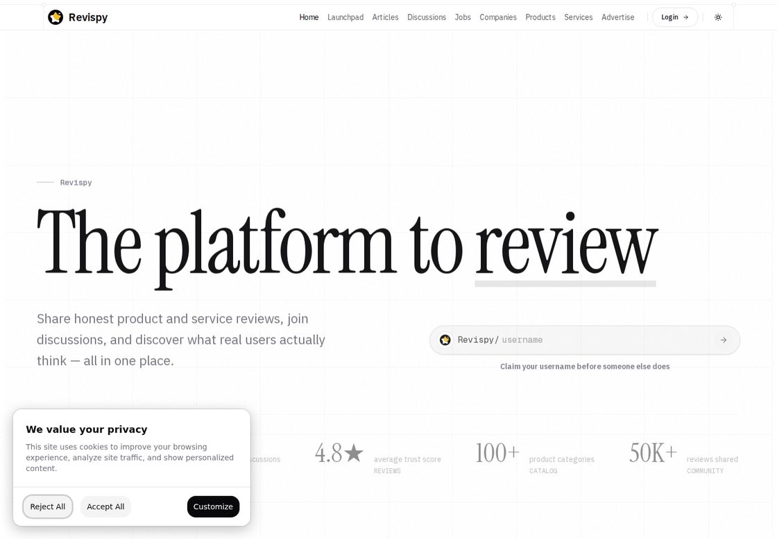 Revispy homepage, first screen