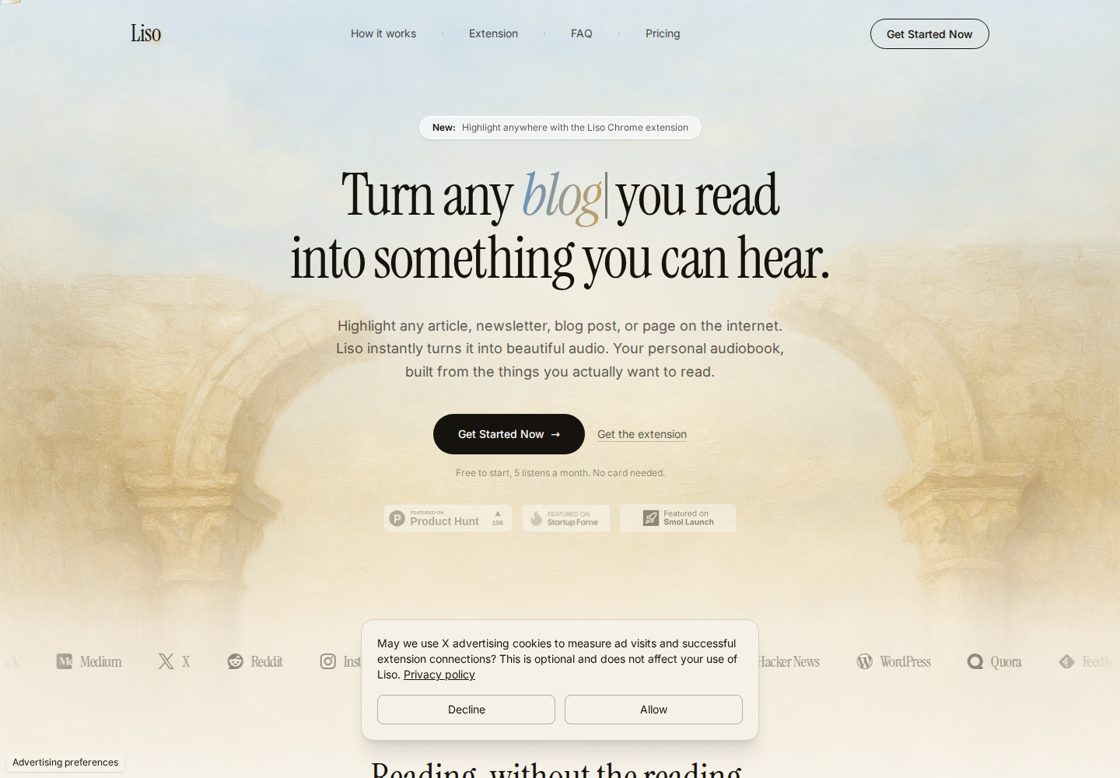 Liso homepage, first screen
