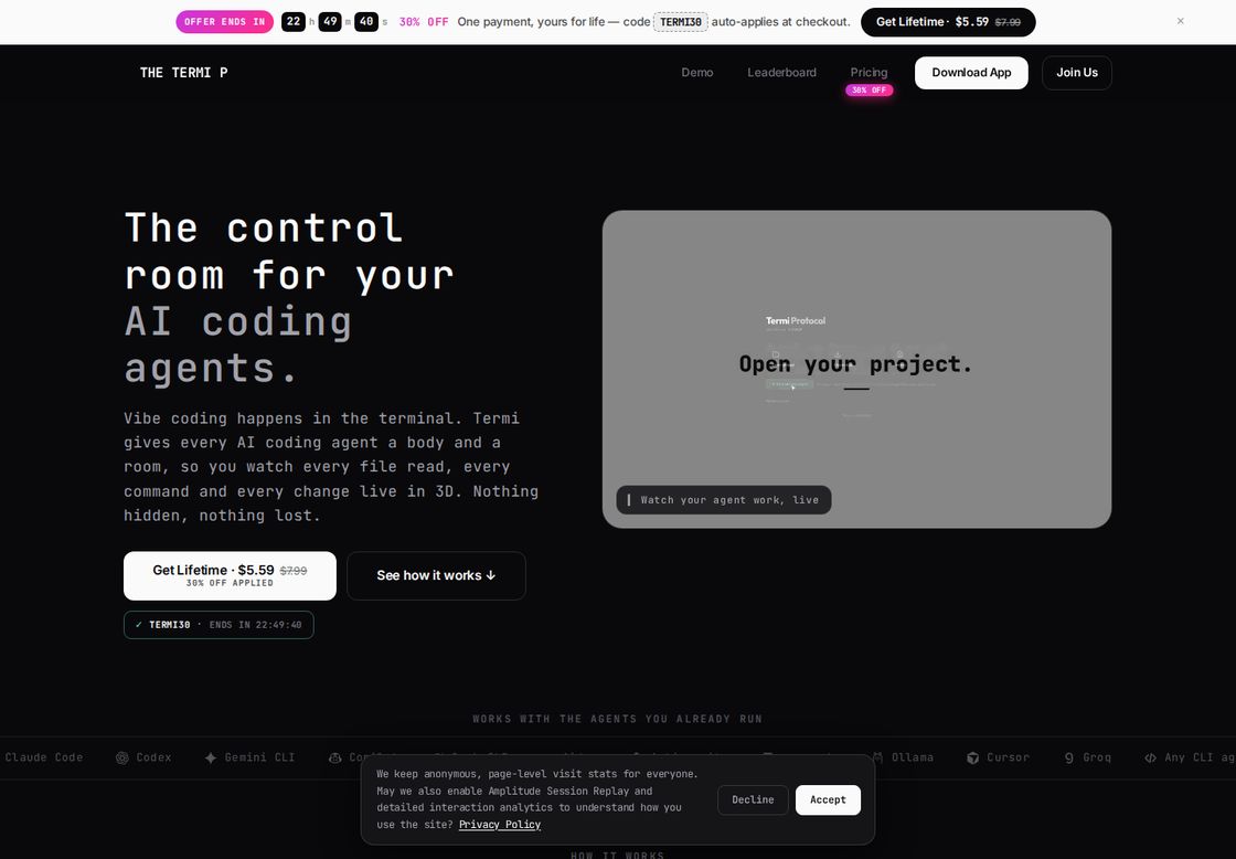 Termi homepage, first screen