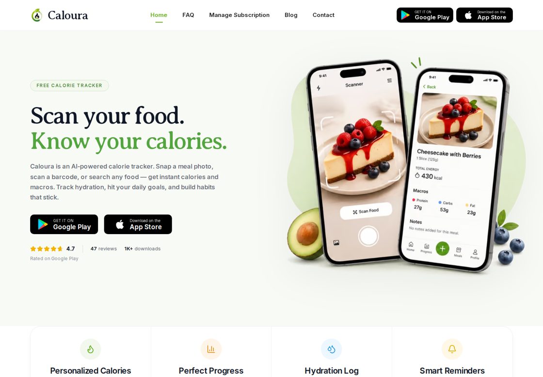 Caloura homepage, first screen