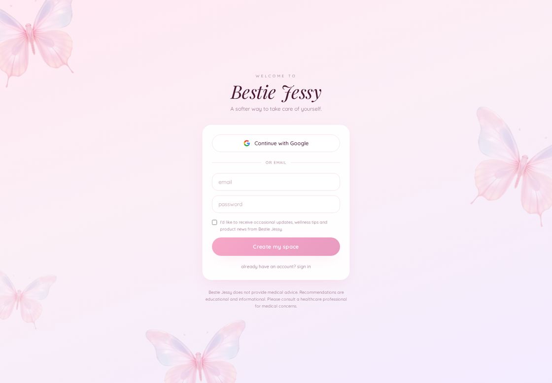 Bestie Jessy homepage, first screen