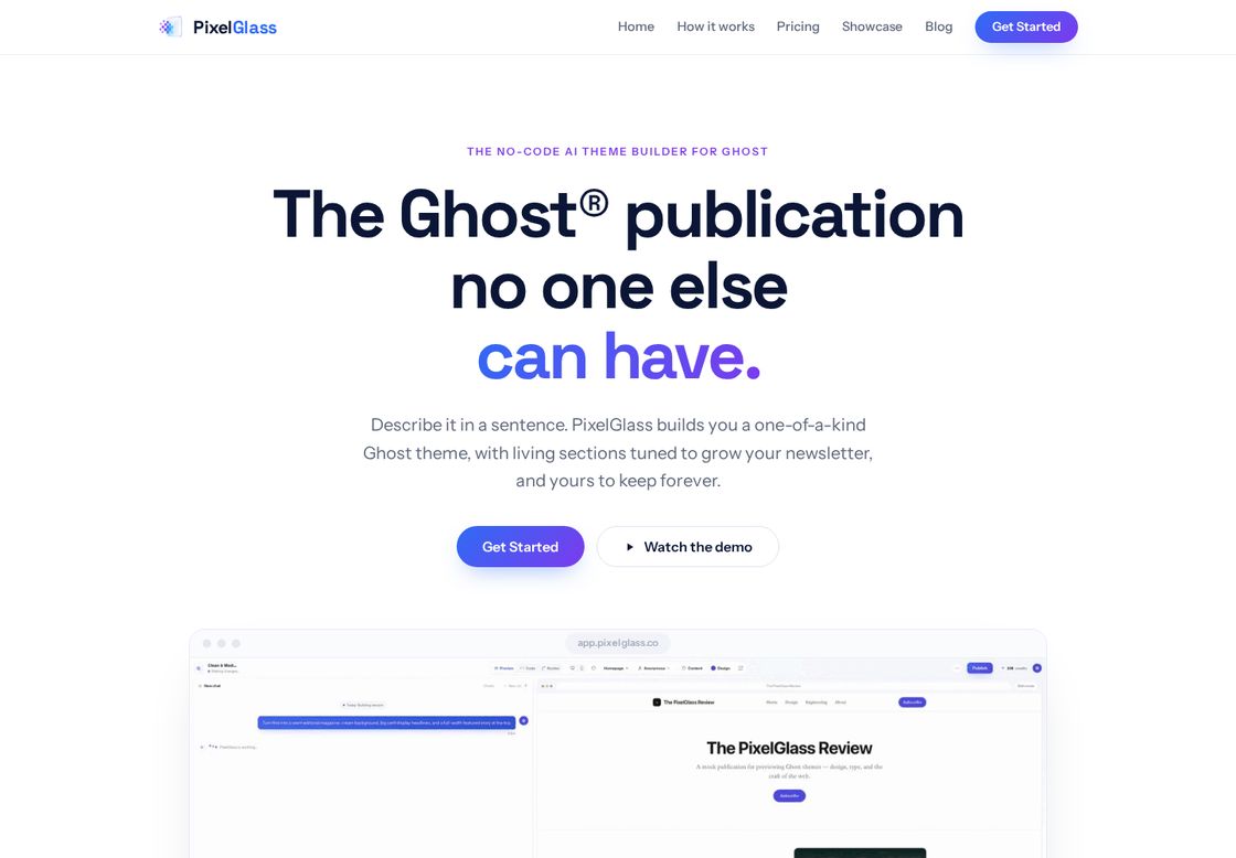 PixelGlass homepage, first screen