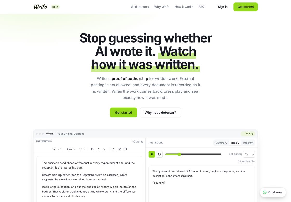 Wrifo homepage, first screen