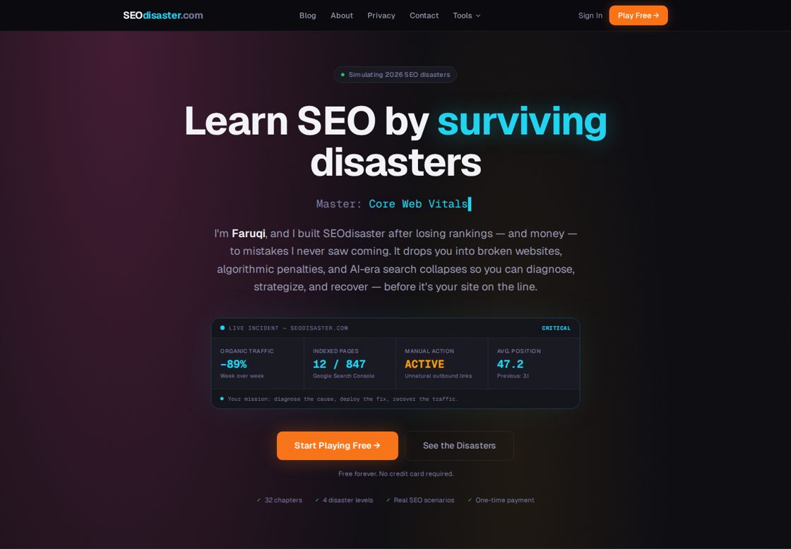 SEOdisaster homepage, first screen