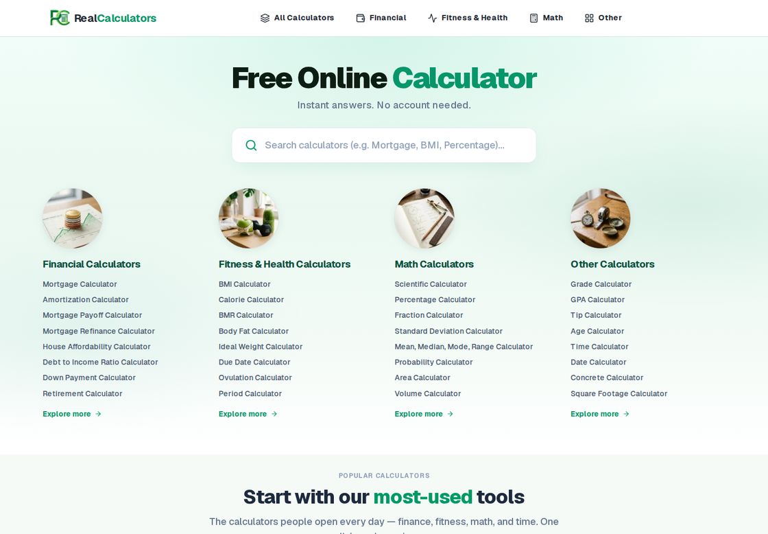 RealCalculators homepage, first screen