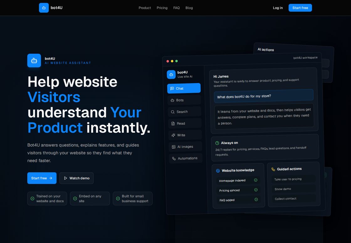 Bot4U homepage, first screen