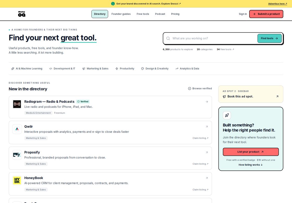 Startup OG homepage, first screen