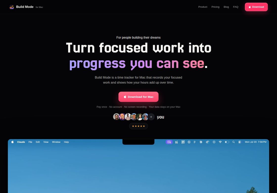 Build Mode homepage, first screen