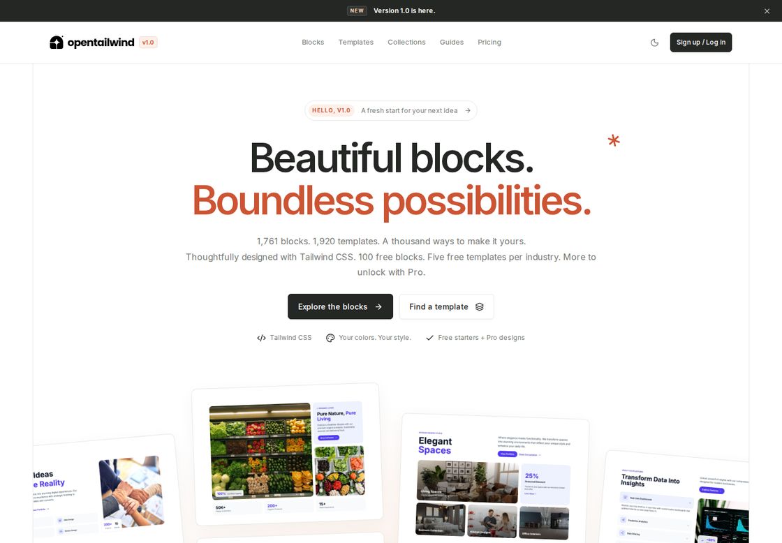 OpenTailwind homepage, first screen