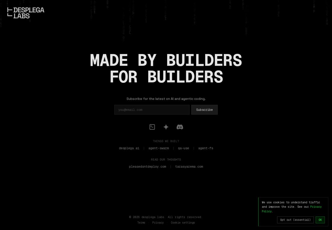 desplega labs homepage, first screen