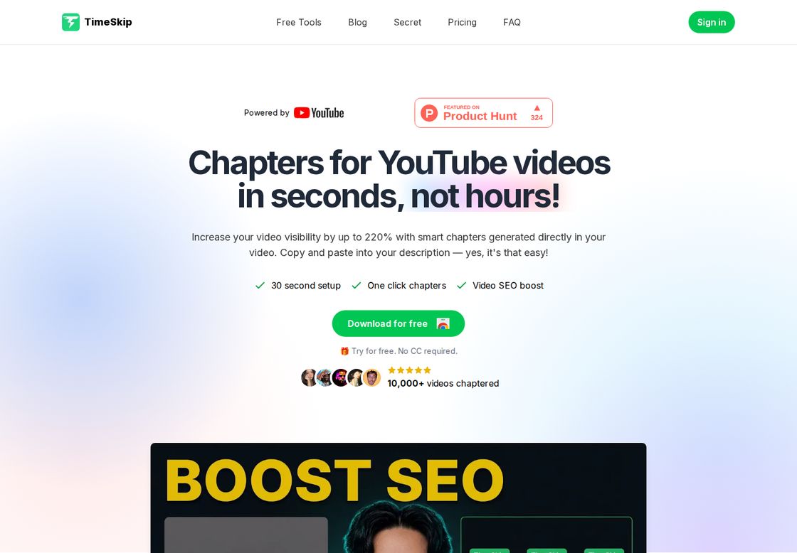 TimeSkip homepage, first screen