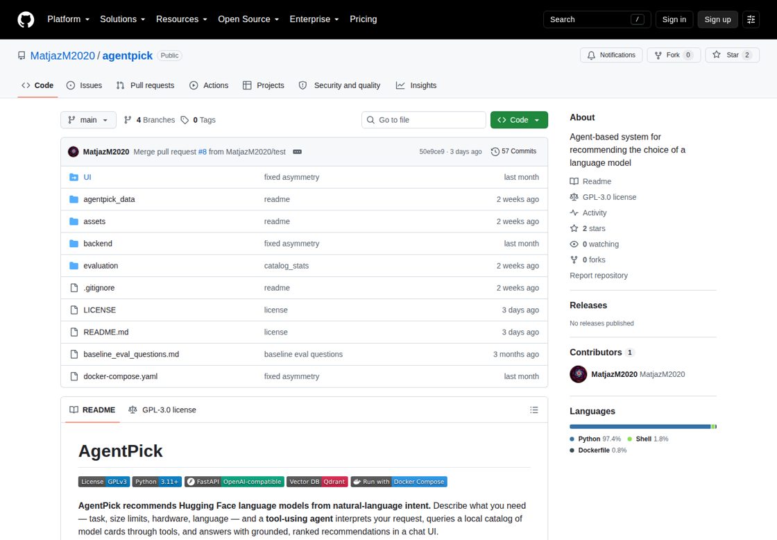 AgentPick homepage, first screen
