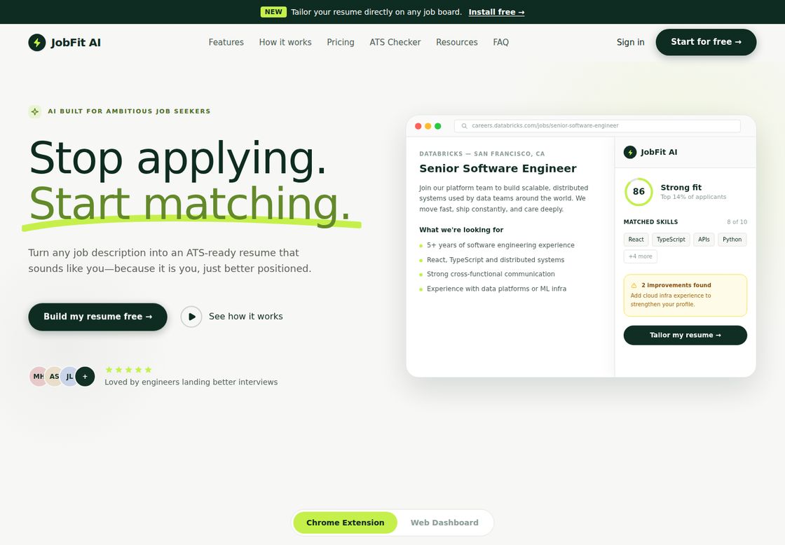 JobFit AI homepage, first screen