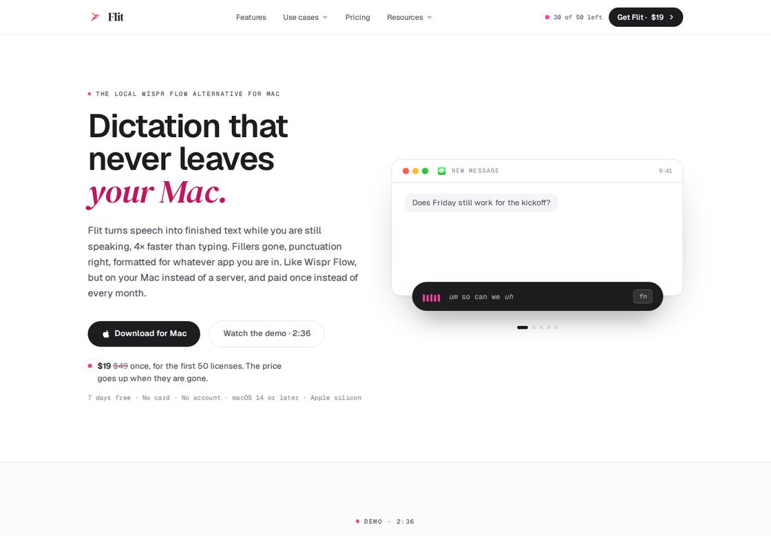 Flit homepage, first screen