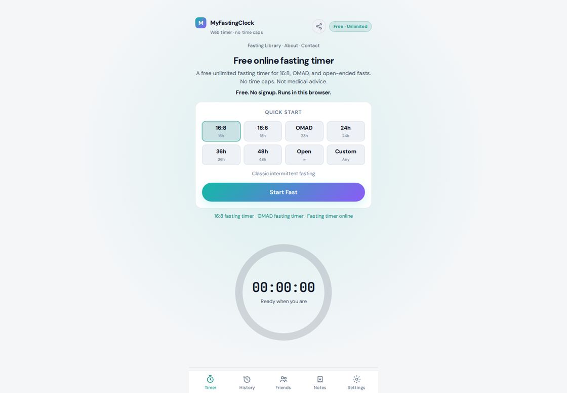 MyFastingClock homepage, first screen