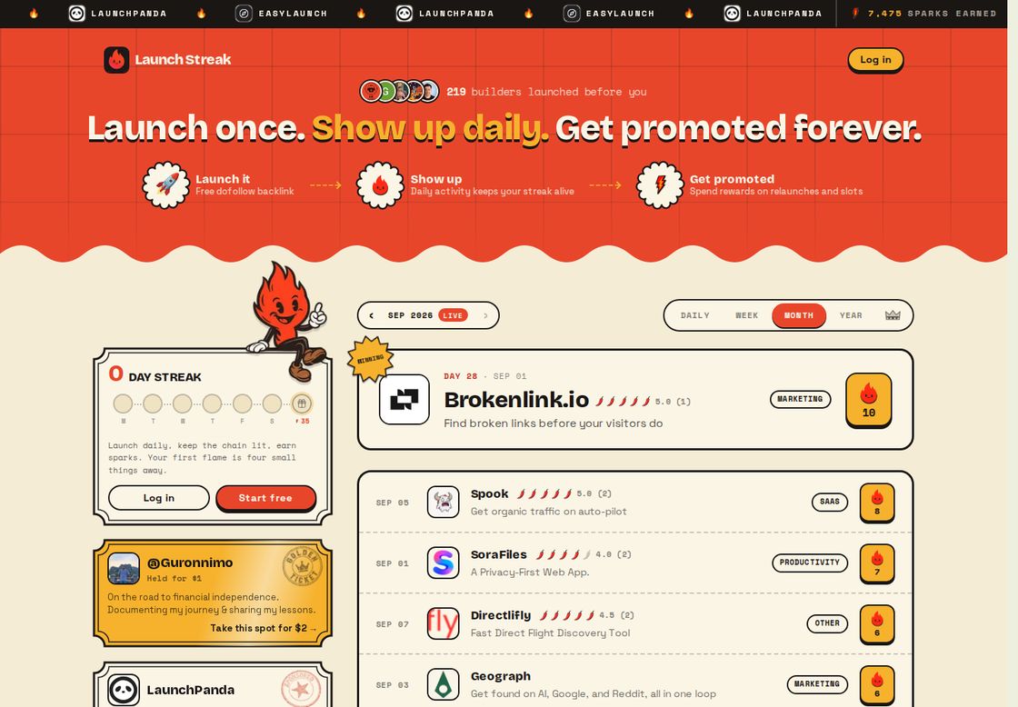 LaunchStreak homepage, first screen
