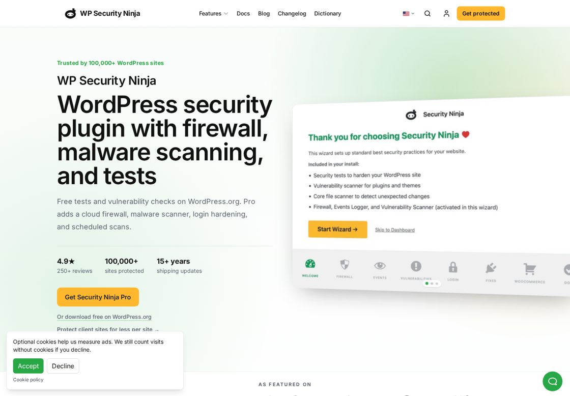 WP Security Ninja homepage, first screen