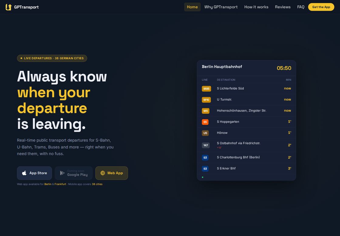 GPTransport homepage, first screen