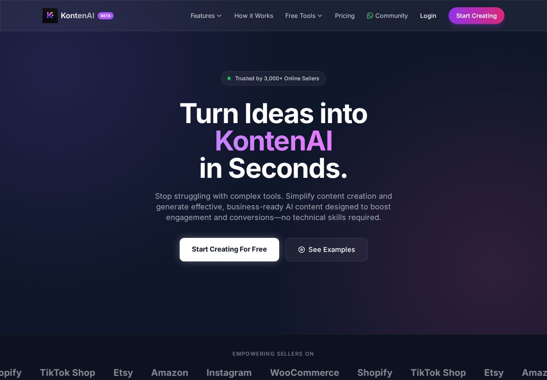KontenAI homepage, first screen