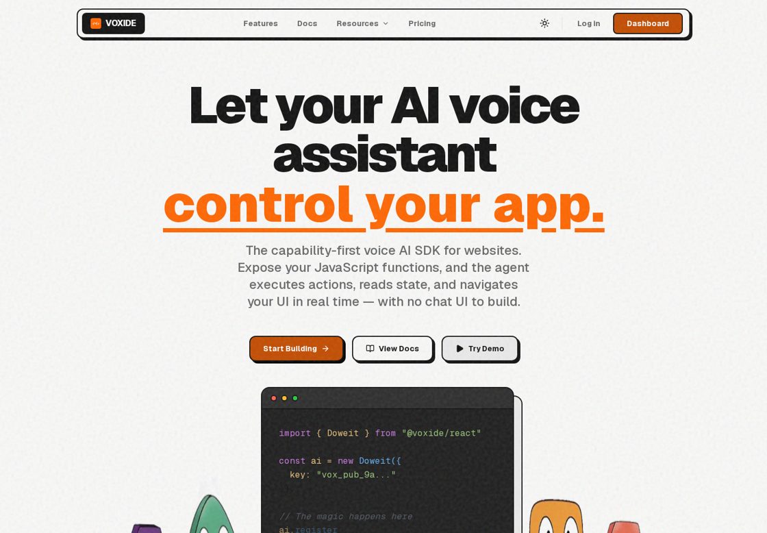 Voxide homepage, first screen