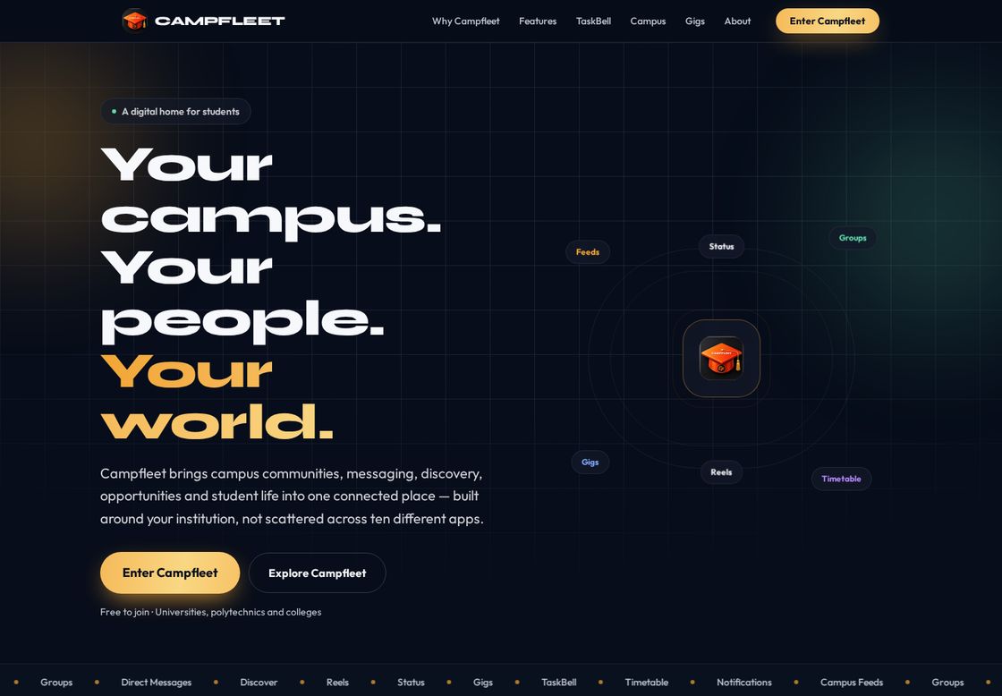Campfleet homepage, first screen