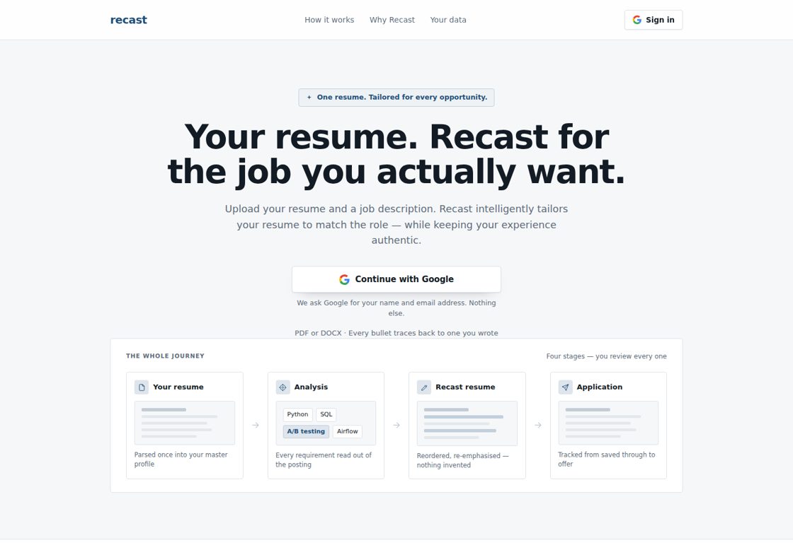 recast homepage, first screen