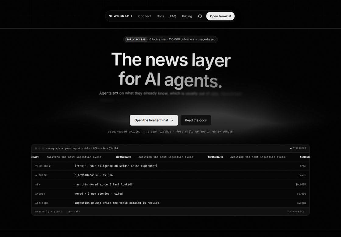 NewsGraph homepage, first screen