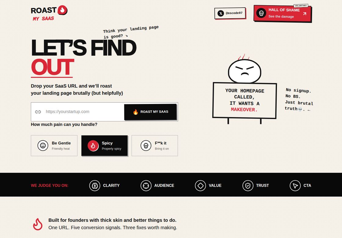 Roast My SaaS homepage, first screen