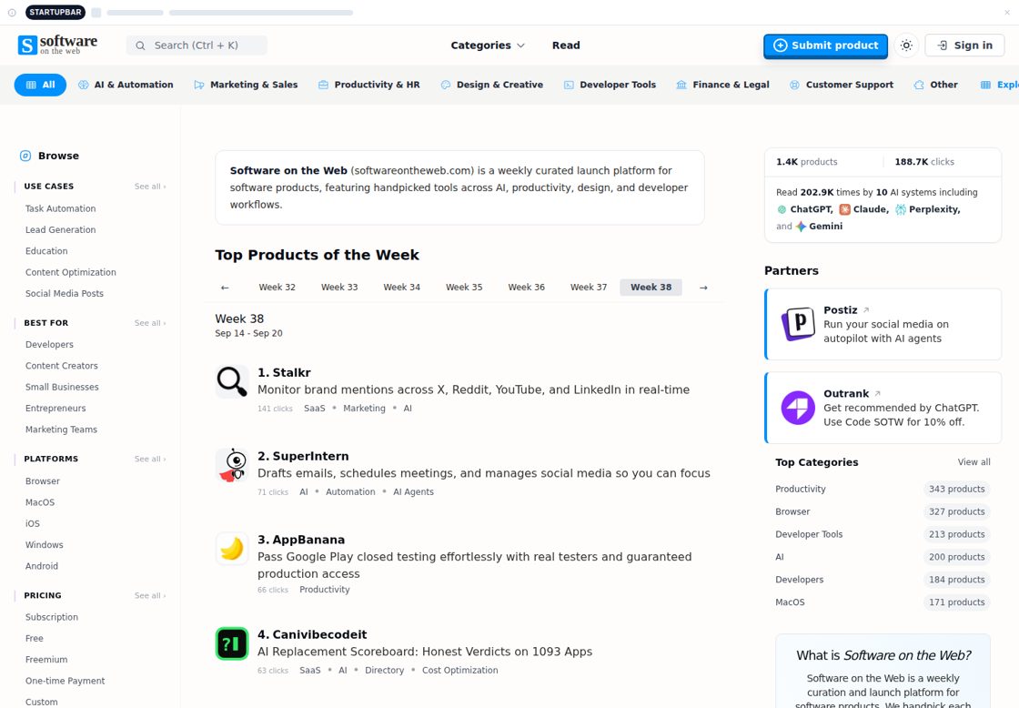 Software on the Web homepage, first screen