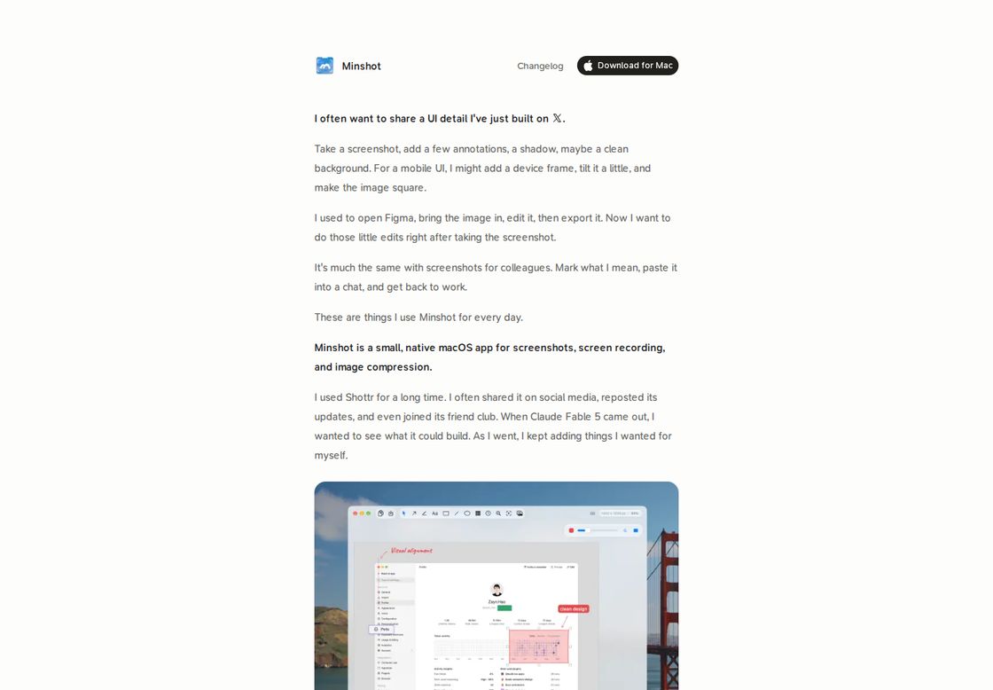 Minshot homepage, first screen