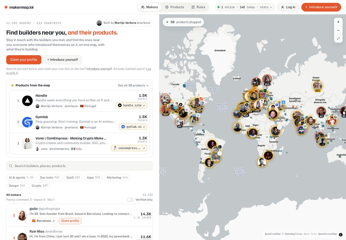 Maker Map homepage, first screen