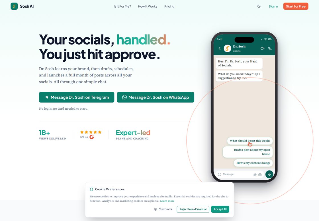 Sosh AI homepage, first screen