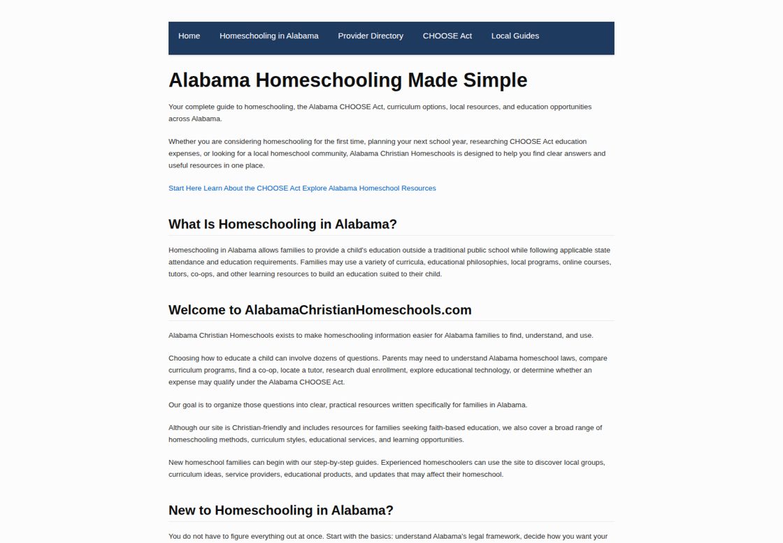 Alabama Christian Homeschools homepage, first screen